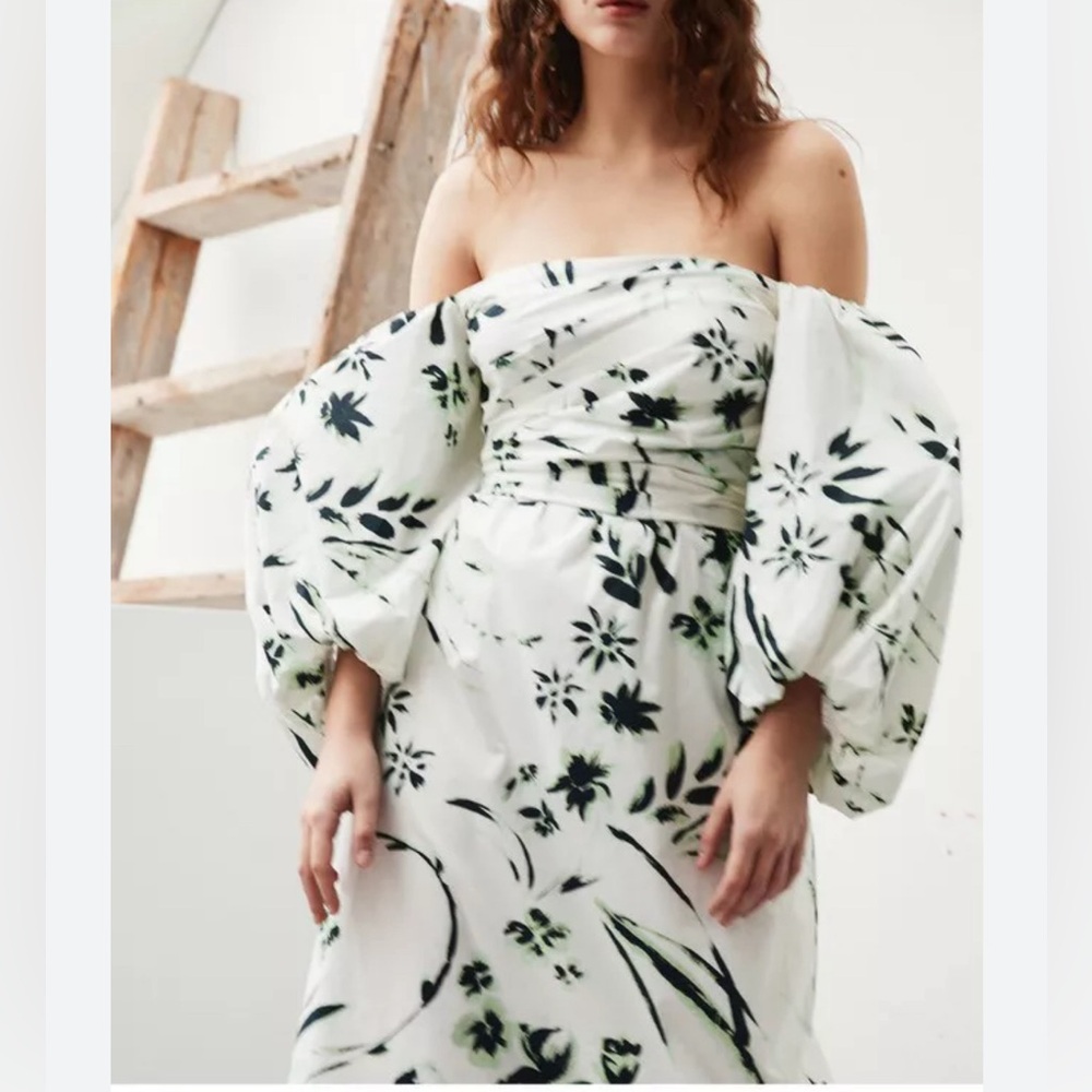 TANYA TAYLOR Alora Off-the-Shoulder Puff Sleeves Floral Cotton Midi Dress Size 6